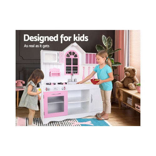 Keezi Kids Wooden Kitchen Play Set - White & Pink