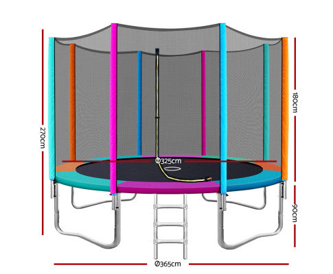 12FT Trampoline Round Trampolines Kids Safety Net Enclosure Pad Outdoor Gift Multi-coloured