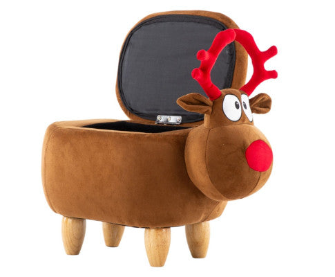 Velvet Brown Deer Ottoman Storage with Wooden Footrest